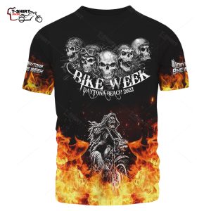 2022 Daytona Bike Week Fire Five Skull Biker Mens T Shirt 1