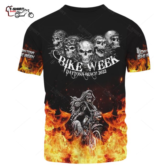 2022 Daytona Bike Week Fire Five Skull Biker Mens T Shirt 1