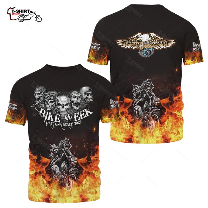 2022 Daytona Bike Week Fire Five Skull Biker Mens T Shirt 2