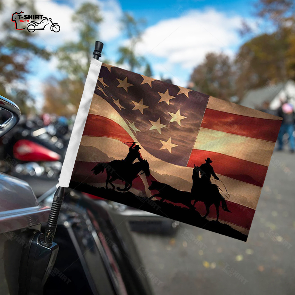 American Cowboy, Team Ropers with American Flag Motorcycle Flag American Cowboy, Team Ropers with American Flag Motorcycle Flag