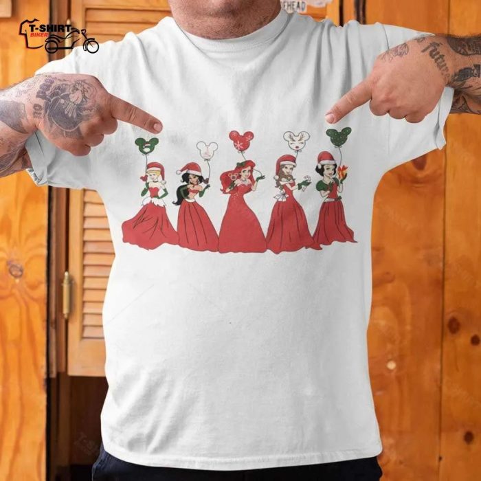 Disney Princess with Mickey Balloon Christmas T shirt 1