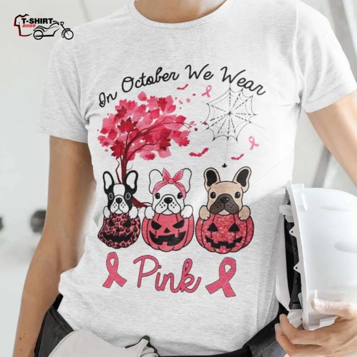 Dog Lover Pumpkin In October We Wear Pink Breast Cancer Tee 1