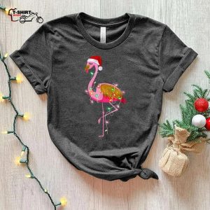 Flamingo Christmas Lights With Santa Hat T Shirt 1